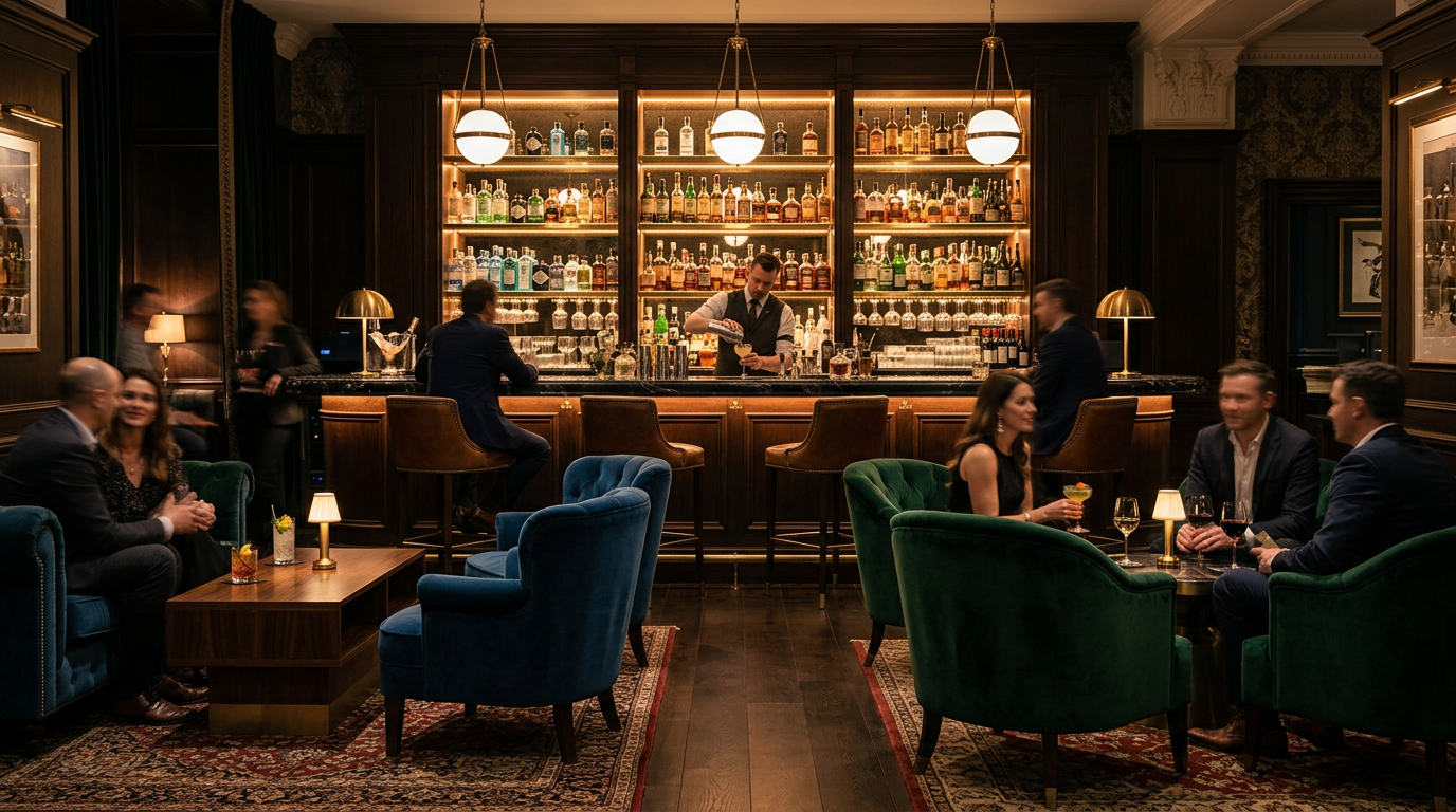 Upscale cocktail bar lounge with velvet armchairs at Rankingsprouk Hotel