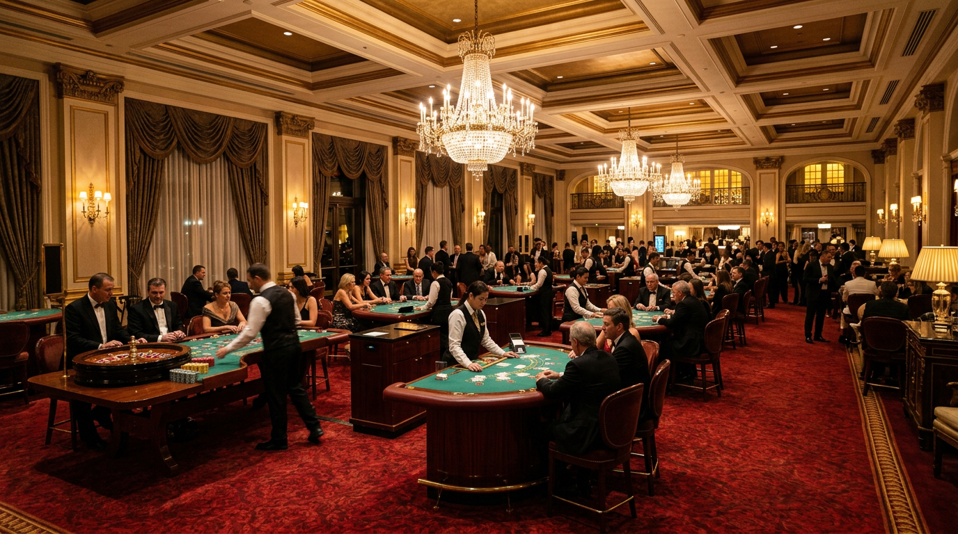 Elegant casino gaming lounge with card tables and roulette wheel at Rankingsprouk Hotel