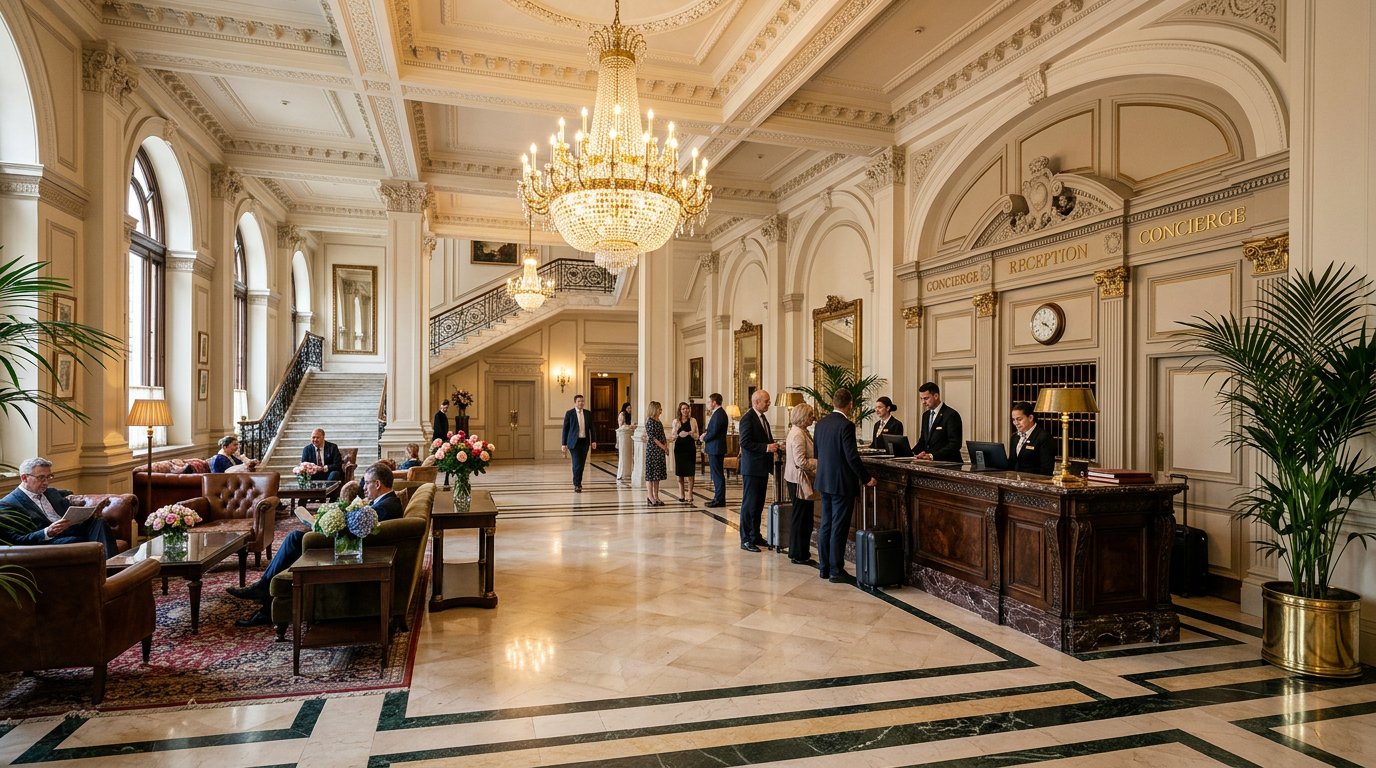 Grand marble hotel lobby with chandelier at Rankingsprouk Hotel