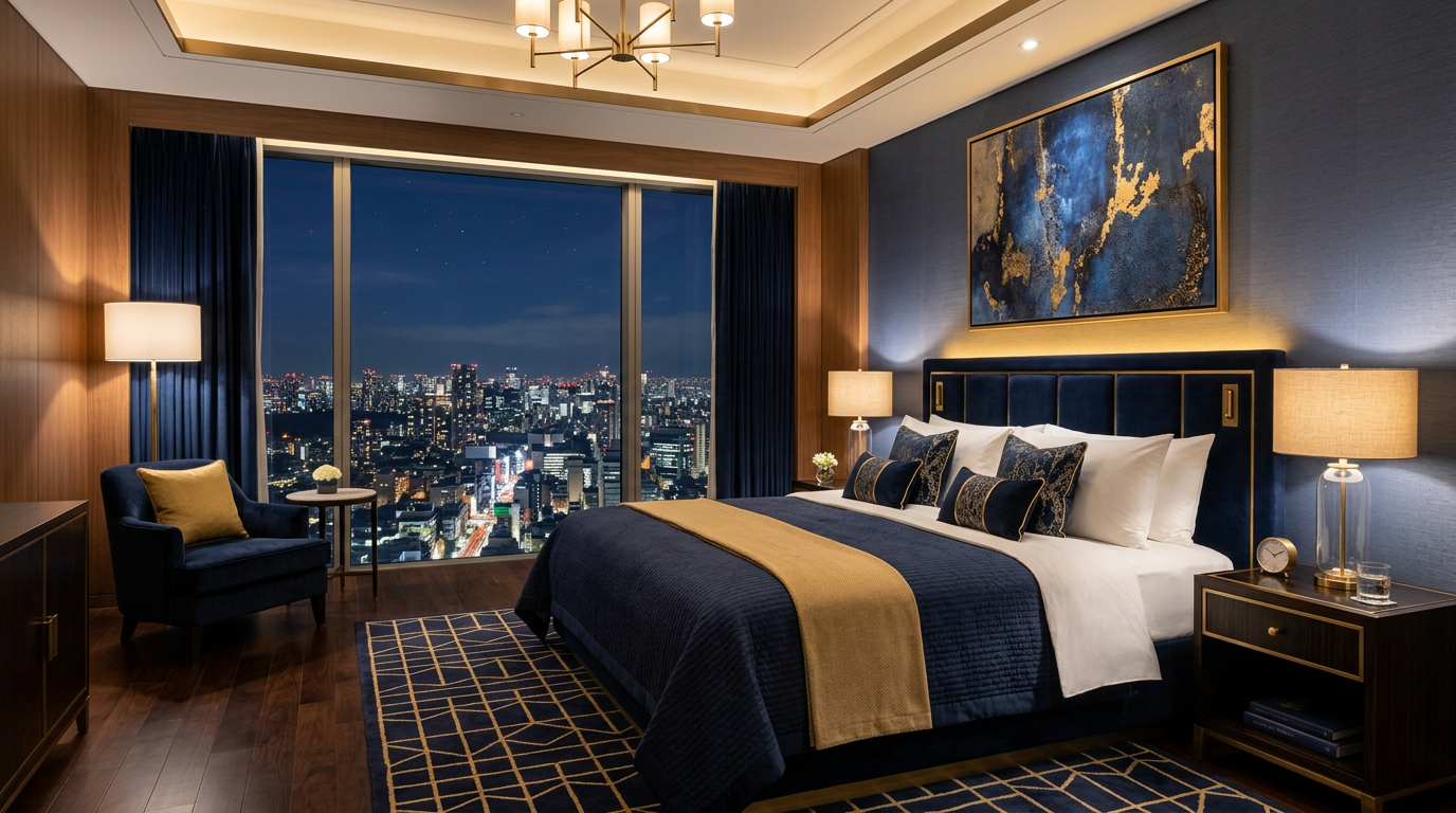Elegant hotel suite bedroom with navy and gold decor at Rankingsprouk Hotel
