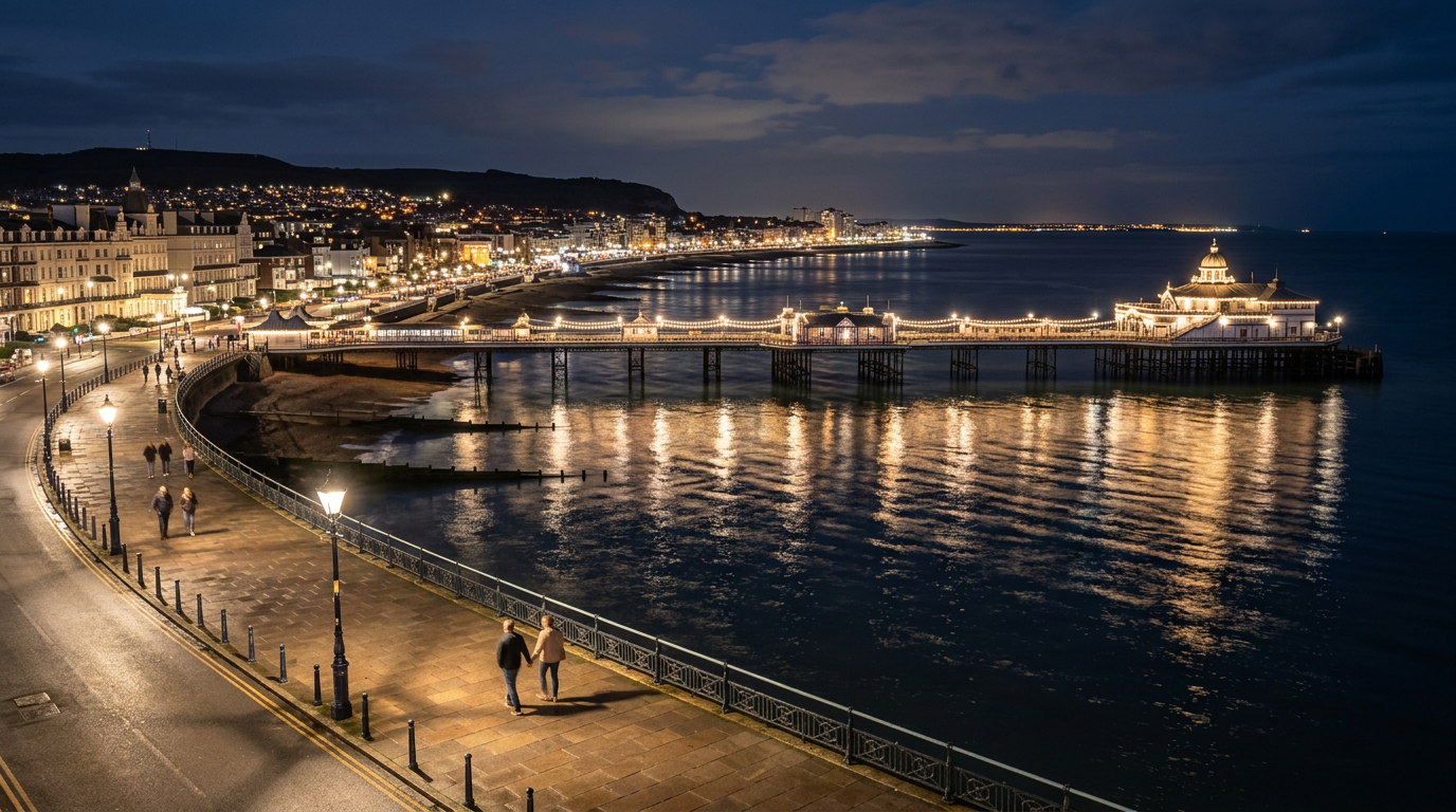 Brighton seafront promenade at night near Rankingsprouk Hotel
